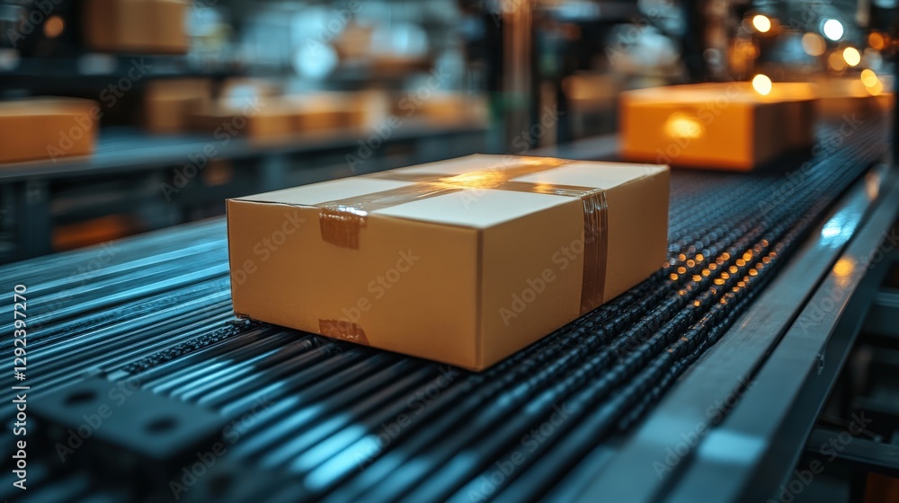 Brown cardboard box on conveyor belt in busy warehouse with glowing lights in background Brown cardboard box on conveyor belt in busy warehouse with glowing lights in background