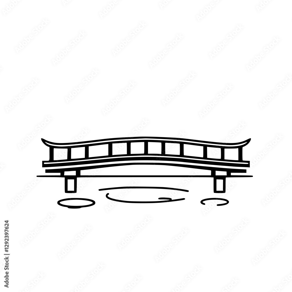 Japanese-style bridge over water. Minimalist, vector design, black and white, stylized outline with arched design. Japanese-style bridge over water. Minimalist, vector design, black and white, stylized outline with arched design.