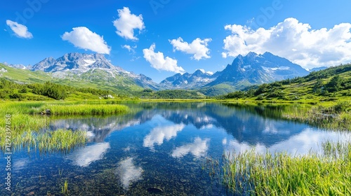 Mountain lake reflection, sunny summer sky, alpine meadow