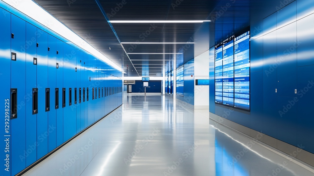 Obraz premium Modern interior with blue lockers and screens along a polished floor hallway