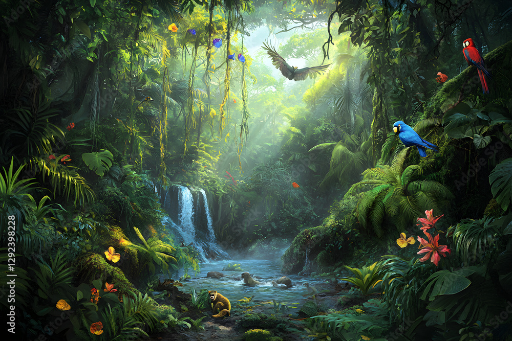 Obraz premium Vibrant Rainforest Ecosystem: Diverse Flora and Fauna in Lush, Misty Wilderness Captured in Exquisite Detail