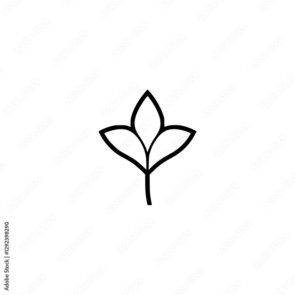 Minimalist graphic illustration of a leaf stem with three lobes on a white background, black outlining. Minimalist graphic illustration of a leaf stem with three lobes on a white background, black outlining.