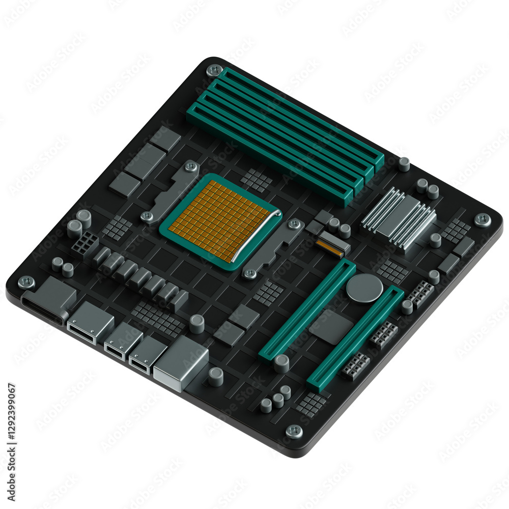 3D illustration of Motherboard. A detailed 3D icon representing computer peripherals. The design includes sleek lines, vibrant colors, and realistic textures. 3D Icon. Computer Setup. 3D illustration of Motherboard. A detailed 3D icon representing computer peripherals. The design includes sleek lines, vibrant colors, and realistic textures. 3D Icon. Computer Setup.