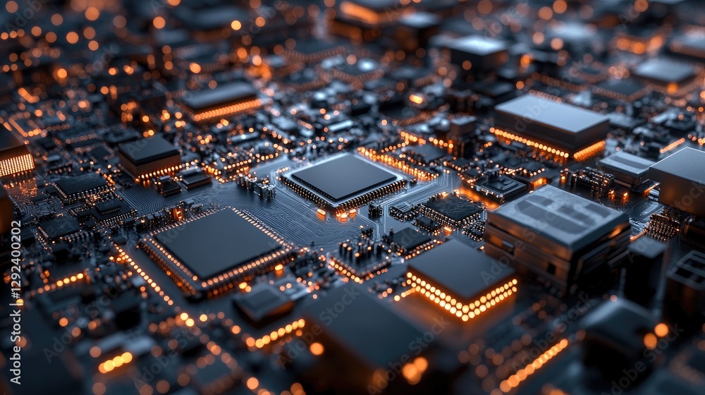 Multiple robotic arms meticulously place microchips onto circuit boards in a spotless, modern electronics factory. Multiple robotic arms meticulously place microchips onto circuit boards in a spotless, modern electronics factory.