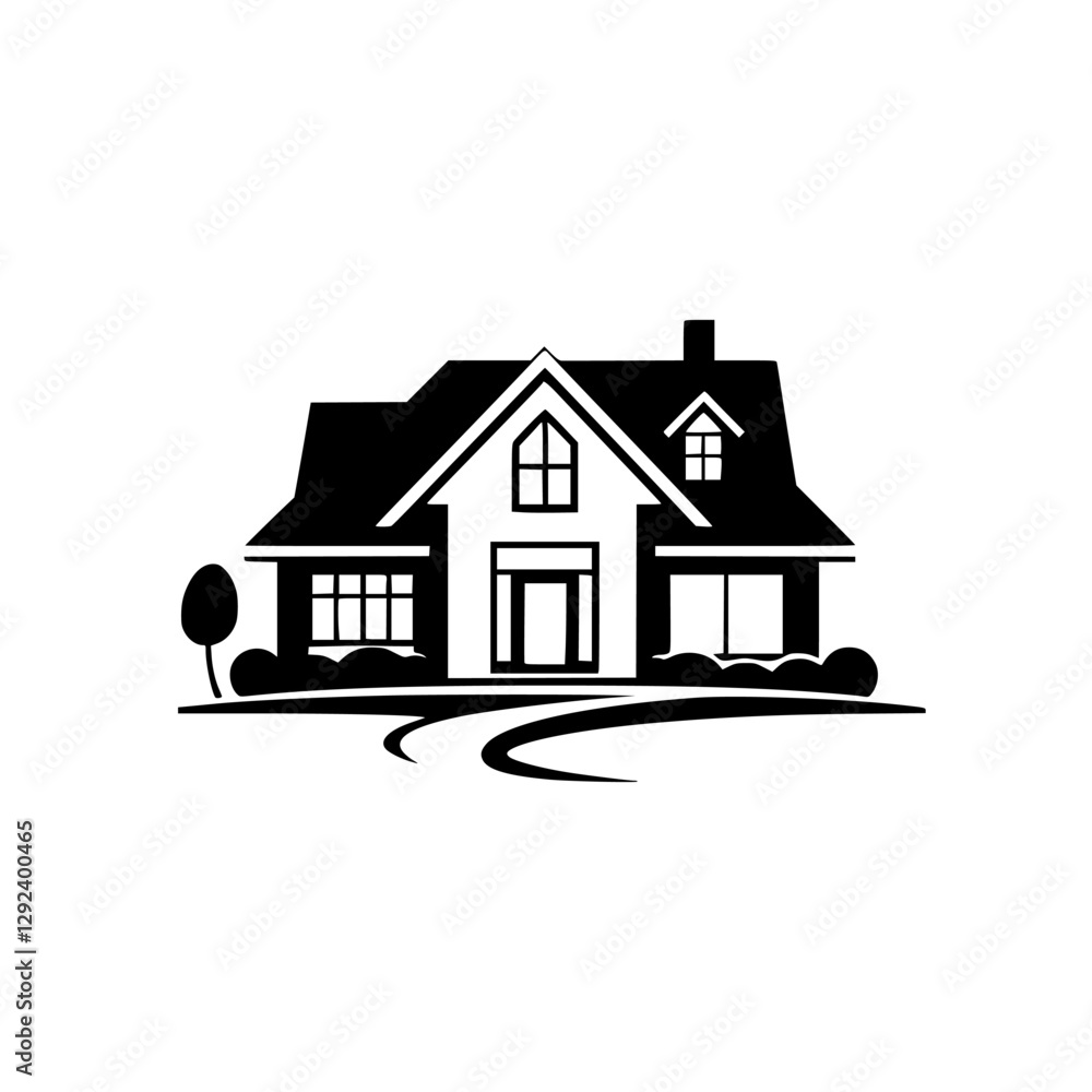 Architectural Line Drawing of a Two-Story House with a Gable Roof, Lawn, and Pathway. Architectural Line Drawing of a Two-Story House with a Gable Roof, Lawn, and Pathway.