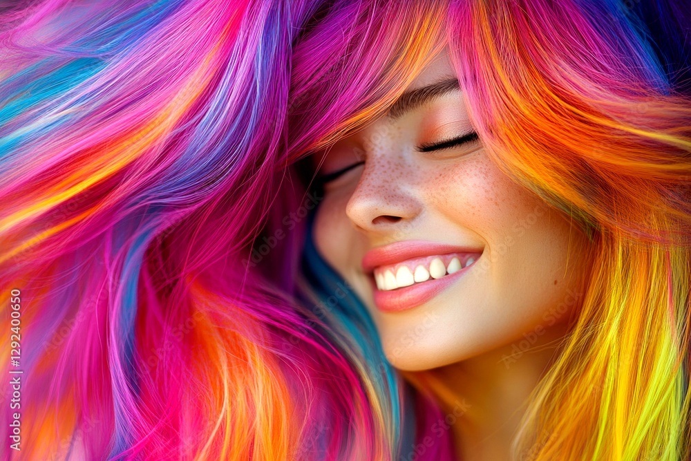 Long trim - multicolored hair. Stunning smiling mixed-race girl - for ads, marketing material and social media use. Commercial promotion conceptual art. Black woman advertising. Long trim - multicolored hair. Stunning smiling mixed-race girl - for ads, marketing material and social media use. Commercial promotion conceptual art. Black woman advertising.