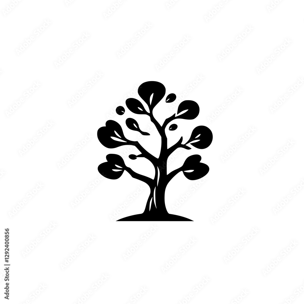 Obraz premium Minimalist Black and White Silhouette of a Tree with Rounded Leaves on White.