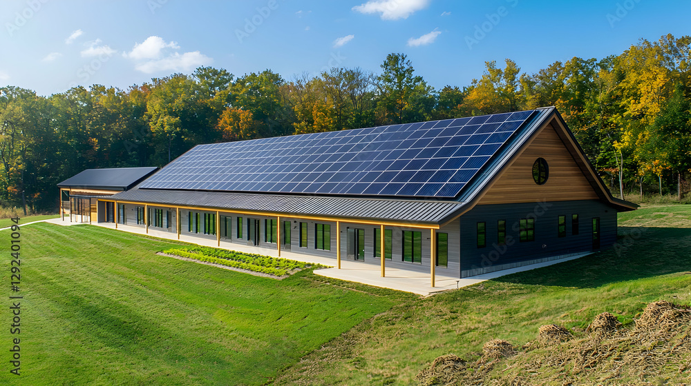 Solar Panels on Roof of Large Building in Sunny Rural Landscape