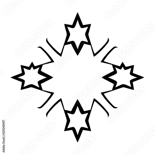 Black and white, stylized, geometric burst-like image of a central empty space surrounded by four stars.