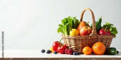 Fototapeta Naklejka Na Ścianę i Meble -  Fresh fruits and vegetables basket on a table with white background, basket, healthy