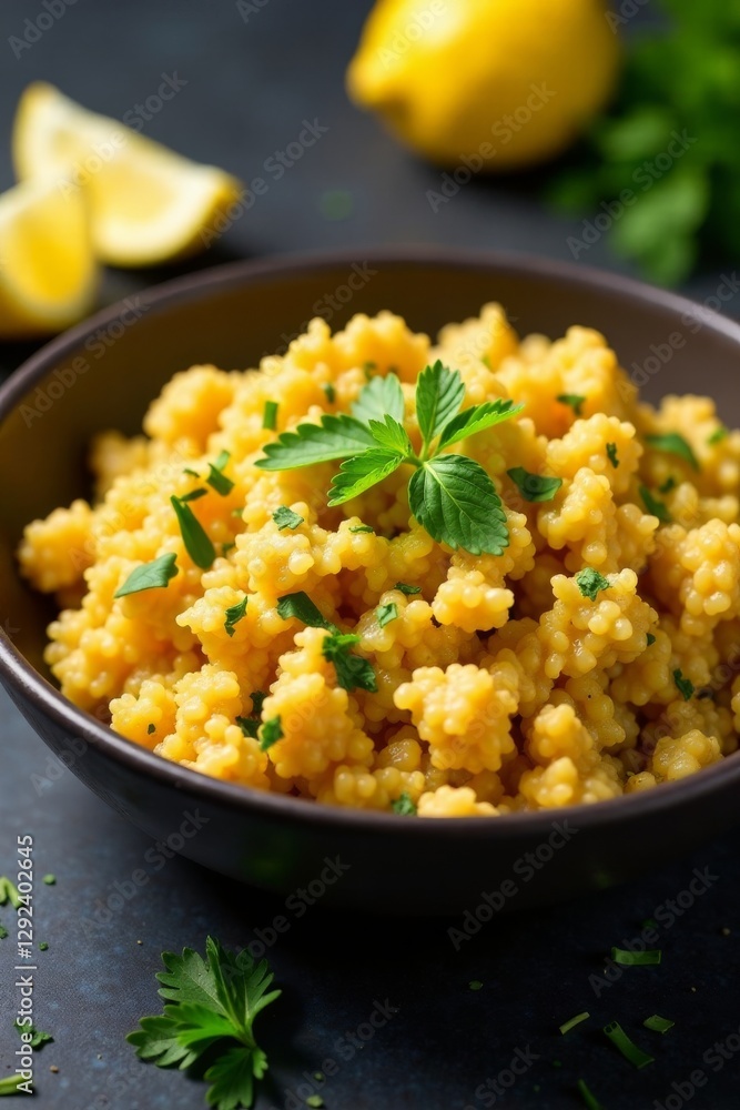 Golden kabsa served in a shallow dish, garnished with fresh herbs and lemon wedges , Ramadan feast, garlic Golden kabsa served in a shallow dish, garnished with fresh herbs and lemon wedges , Ramadan feast, garlic