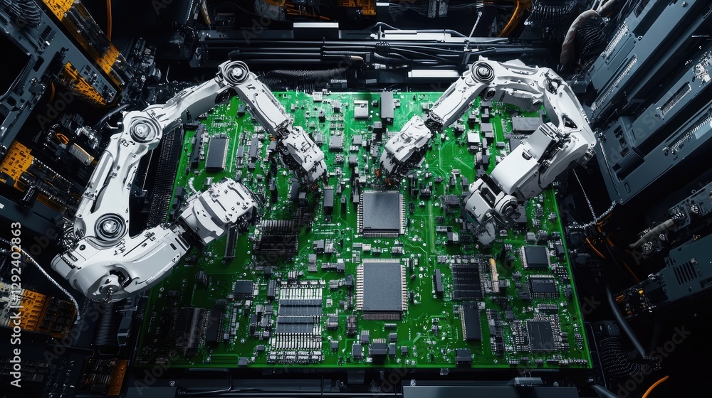 Fototapeta premium Seamless electronics manufacturing process with synchronized robotic arms assembling PCBs.