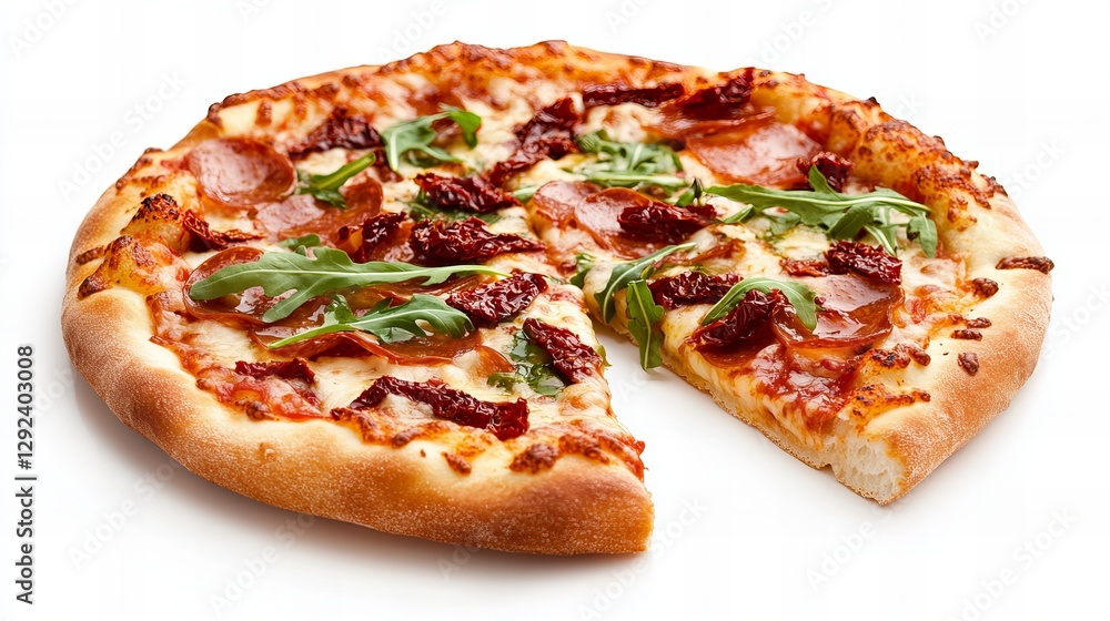 A delicious pizza with sun-dried tomatoes and arugula. Perfect for a casual meal. A delicious pizza with sun-dried tomatoes and arugula. Perfect for a casual meal.