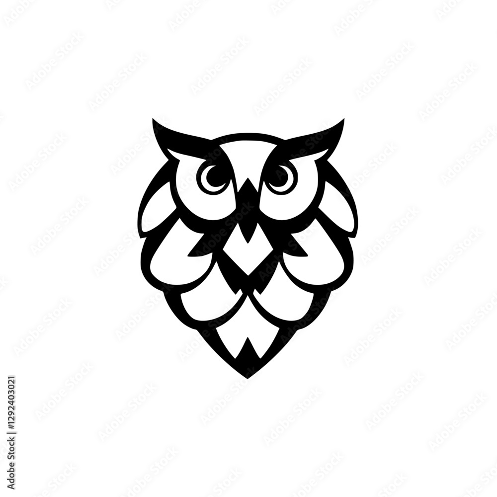 Naklejka premium Owl stylized graphic, black and white, minimalist logo with geometric owl silhouette.