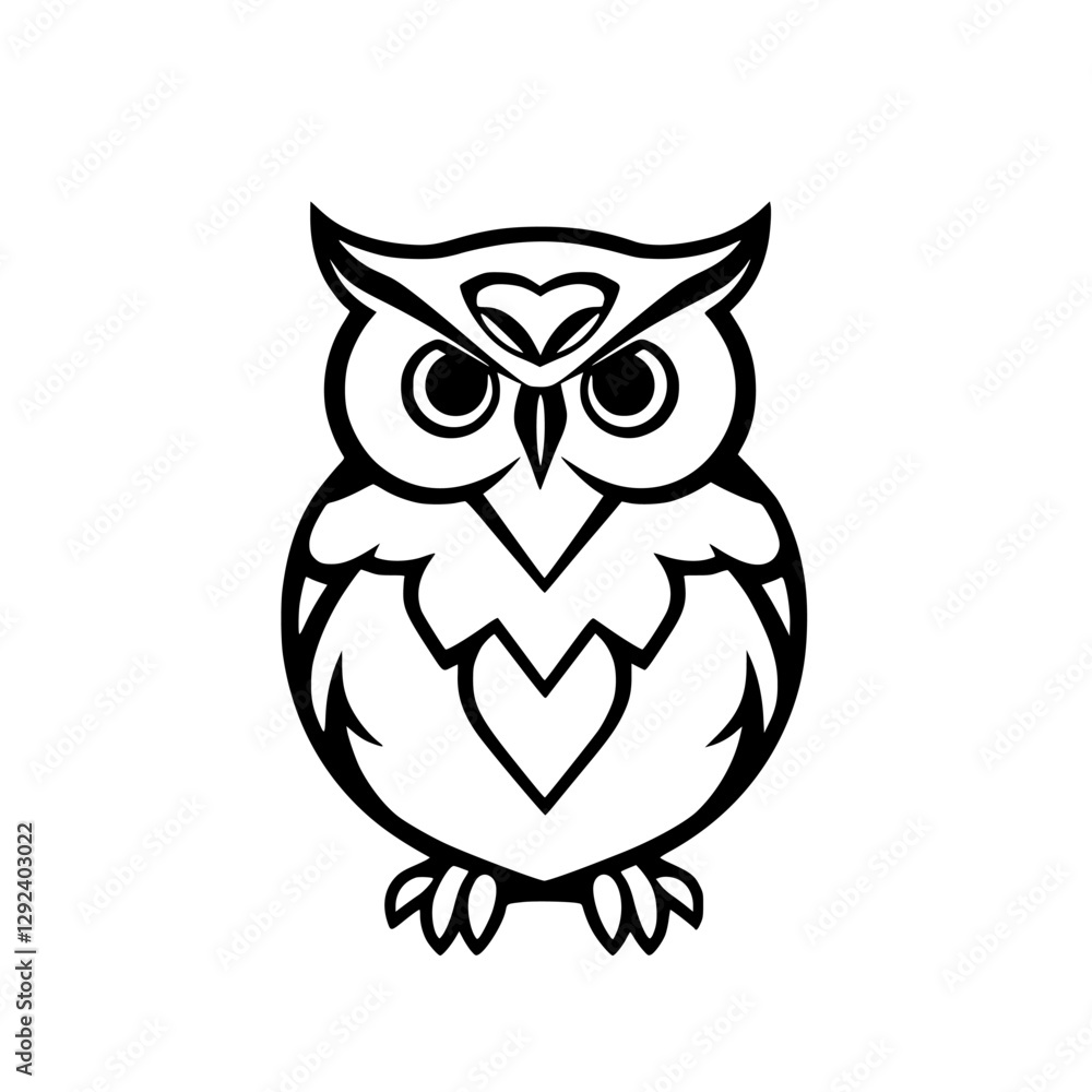 Black and white illustration of an owl, showcasing a heart-shaped eye-line and a stylized heart in the chest. Black and white illustration of an owl, showcasing a heart-shaped eye-line and a stylized heart in the chest.