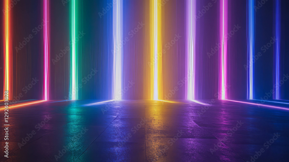 Vibrant rainbow light beams on polished surface creating dynamic atmosphere Vibrant rainbow light beams on polished surface creating dynamic atmosphere