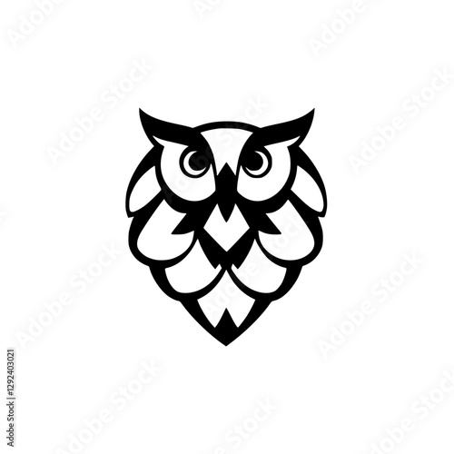 Owl stylized graphic, black and white, minimalist logo with geometric owl silhouette.