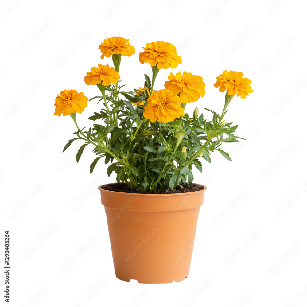 A Vibrant Potted Marigold Plant with Golden Yellow Flowers Isolated on Transparent Background A Vibrant Potted Marigold Plant with Golden Yellow Flowers Isolated on Transparent Background
