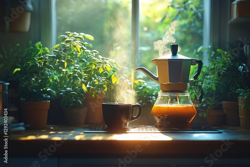 Morning Coffee Ritual in Cozy Kitchen Pouring Coffee from Moka Pot into Black Cup with Houseplants photo