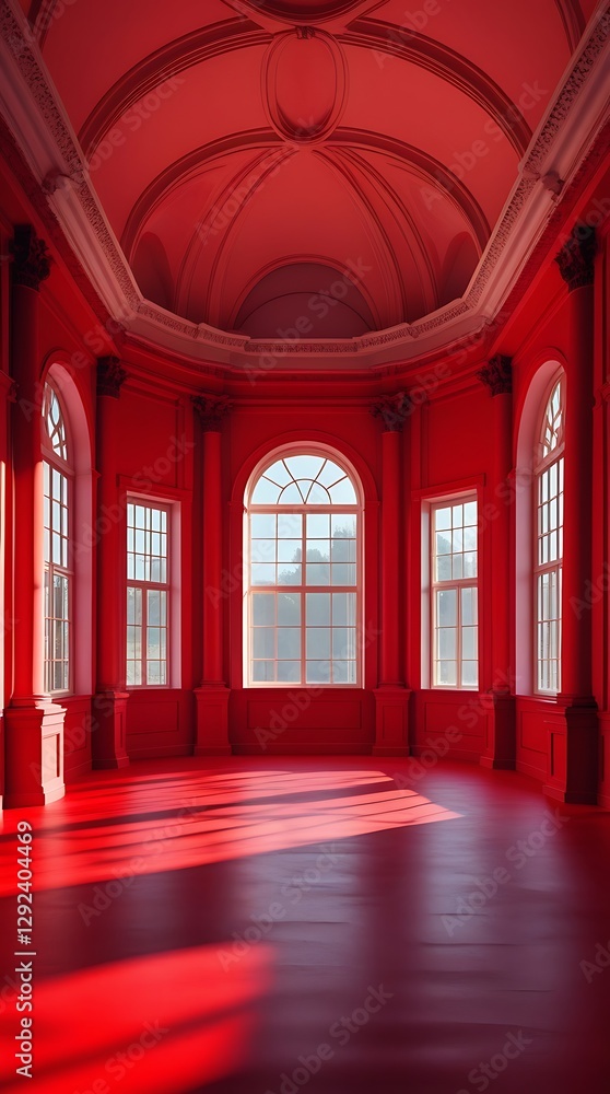 Obraz premium Grand hall with striking red walls, large arched windows, and elegant architectural details bathed in natural light, creating a luxurious and dramatic interior with a classical design