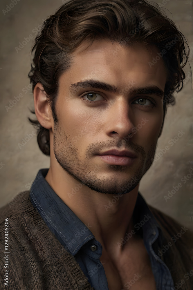Obraz premium Handsome Dramatic Lighting Portrait of Attractive Dark-Haired Man with Intense Expression Editorial