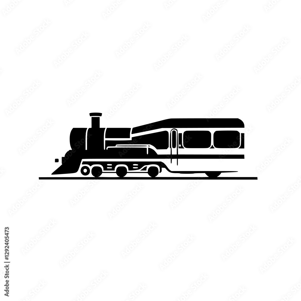Fototapeta premium Vintage Steam Locomotive and Passenger Train Silhouette against White Background: A Black and White Illustration.