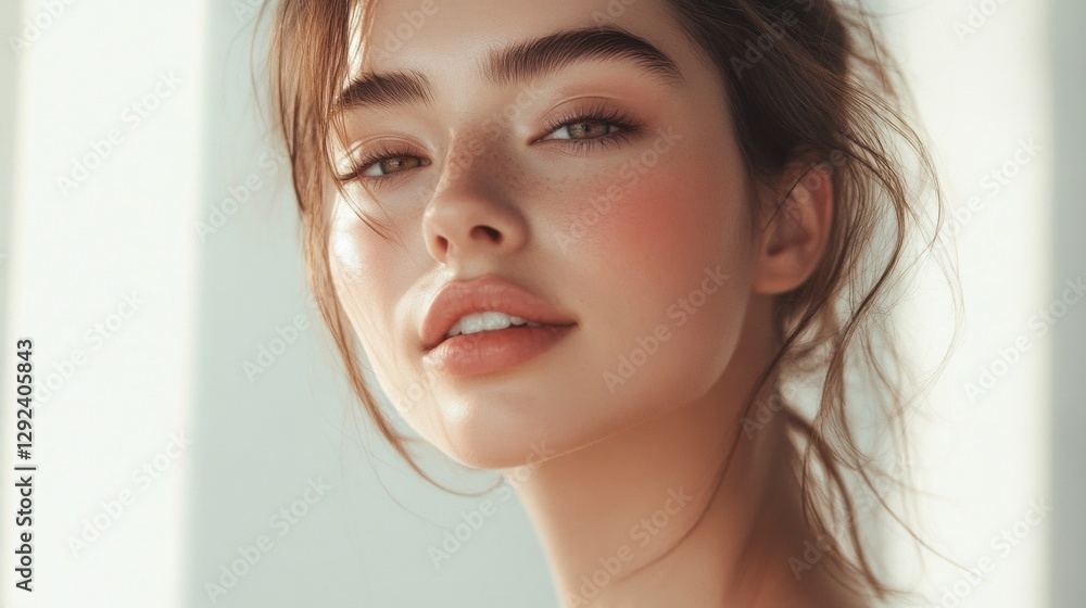 Naklejka premium Portrait of a woman with flawless skin showcasing natural beauty and grace in a softly lit setting. Generative AI