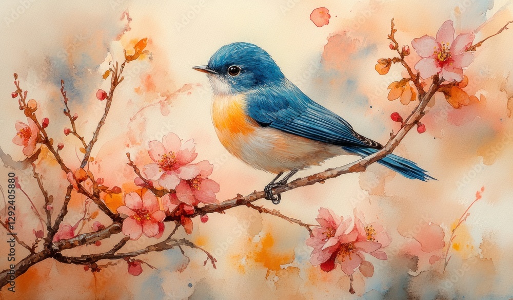 Vibrant Watercolor Painting of Blue Bird Perched on Colorful Blossoms in Pastel Background Vibrant Watercolor Painting of Blue Bird Perched on Colorful Blossoms in Pastel Background