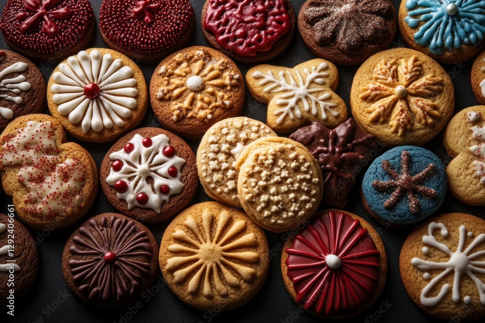 Festive Assortment of Christmas Cookies and Sweets in Whimsical Patterns Over a Dark Stone Background Festive Assortment of Christmas Cookies and Sweets in Whimsical Patterns Over a Dark Stone Background