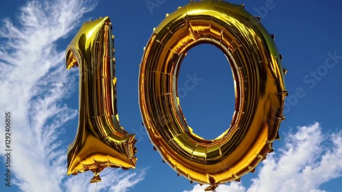Golden number 10 balloons against a blue sky with white clouds, festive celebration and anniversary concept