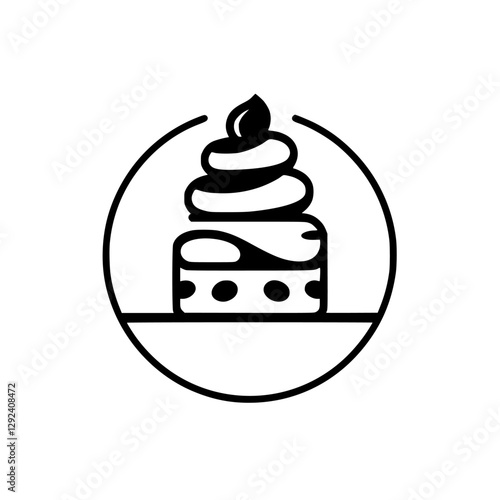 Minimalistic black and white stylized illustration of a layered cake, in a circular frame.