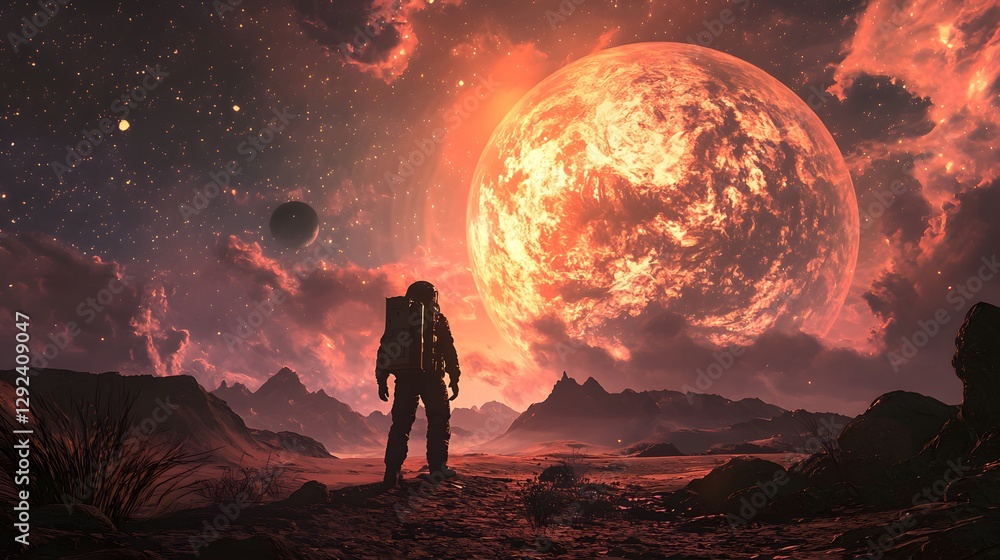 Fototapeta premium Astronaut discovers alien easter eggs on distant planet cosmic landscape digital art