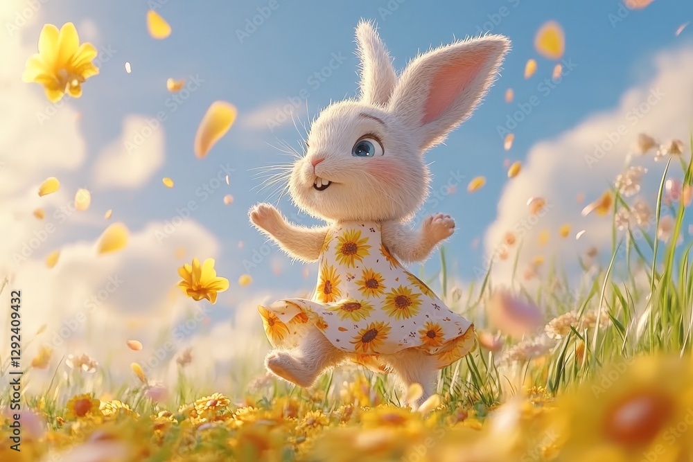 Fototapeta premium Happy rabbit enjoys a sunny day in a flower-filled meadow while wearing a bright dress
