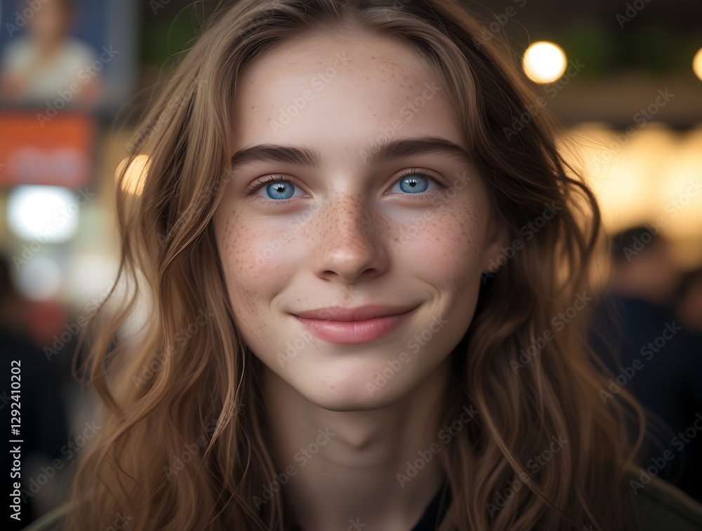 Natural portrait of a young person with long wavy hair and striking blue eyes, smiling warmly in a softly blurred urban setting, exuding confidence and friendliness
Natural portrait of a young person with long wavy hair and striking blue eyes, smiling warmly in a softly blurred urban setting, exuding confidence and friendliness