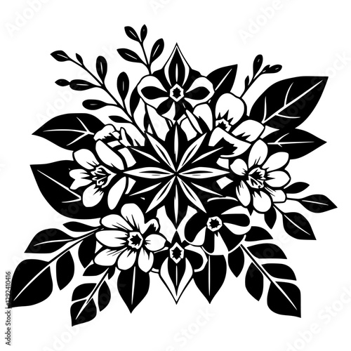 A Black and white floral design in a symmetrical and minimalist style, featuring leaves, petals, and blossoms, creating a cohesive image.