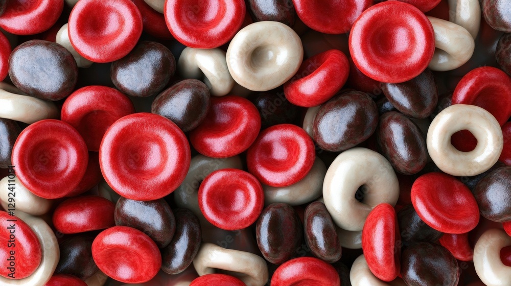 Close up of chocolate covered candy and erythrocytes with detailed cell structure in high resolution Close up of chocolate covered candy and erythrocytes with detailed cell structure in high resolution