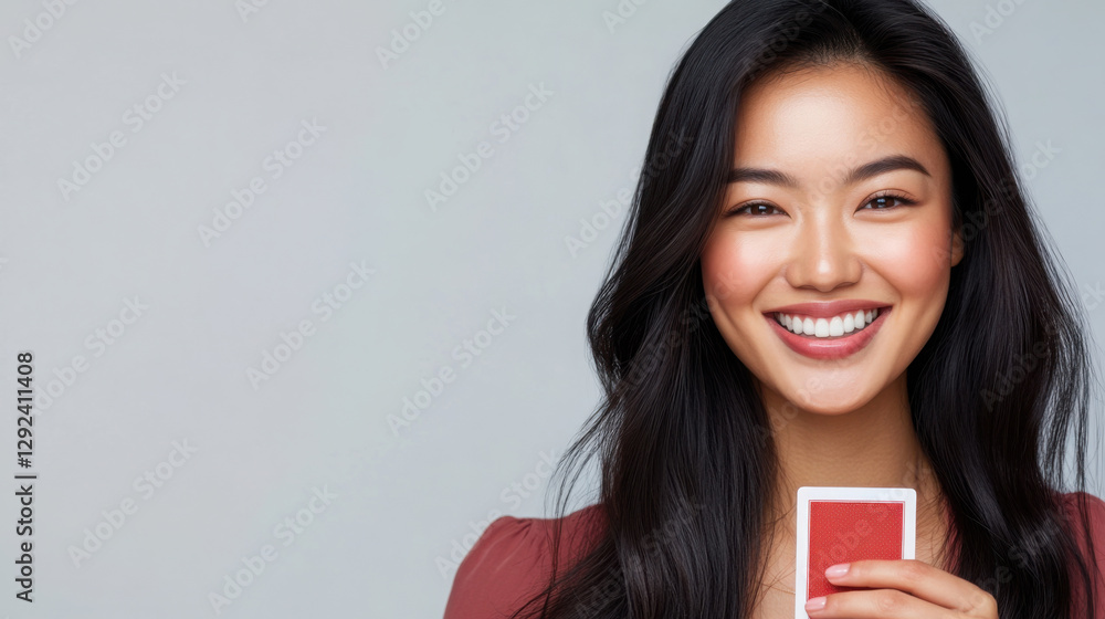 Close up of smiling woman holding playing card for game night theme Close up of smiling woman holding playing card for game night theme