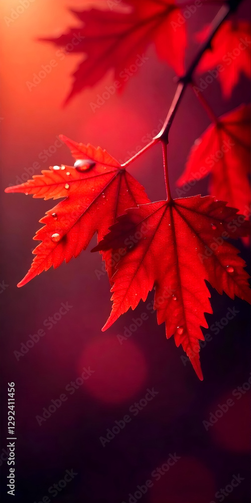Two red maple leaves with water droplets on a branch, dark red background Two red maple leaves with water droplets on a branch, dark red background