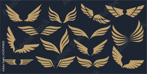 Set of gold blue wings vector logo. Wings, abstract, wings, flight logo.