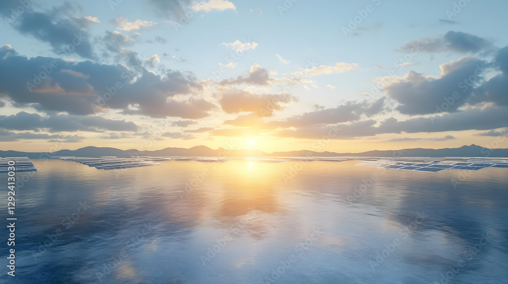 Fototapeta premium Beautiful Sunset Reflection Over Ocean Landscape with Colorful Clouds and Dusk Sky