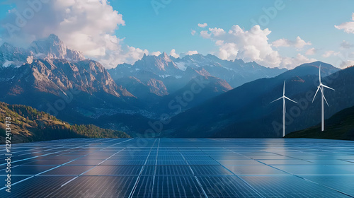Fototapeta Naklejka Na Ścianę i Meble -  Breathtaking Scenic View of Solar Panels by a Mountain Lake in Alaska with Reflection and Clouds