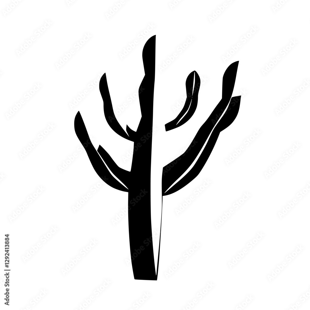 Monochrome cactus of silhouette against white background, minimalist and black and white.