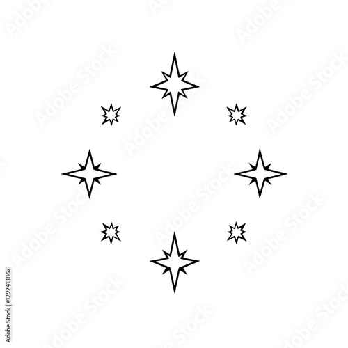 Sparkling Starry Arrangement: A minimalist depiction of stars in a circle, set against a plain white backdrop, evoking a sense of celestial calmness and symmetry.