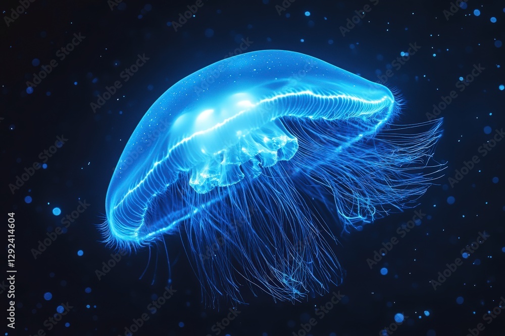 Illuminated jellyfish gracefully swimming in dark ocean waters at nighttime Illuminated jellyfish gracefully swimming in dark ocean waters at nighttime