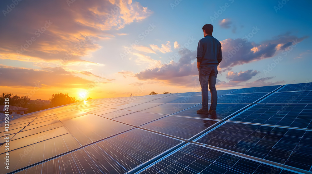 Businessman Standing On Solar Panels Businessman Standing On Solar Panels