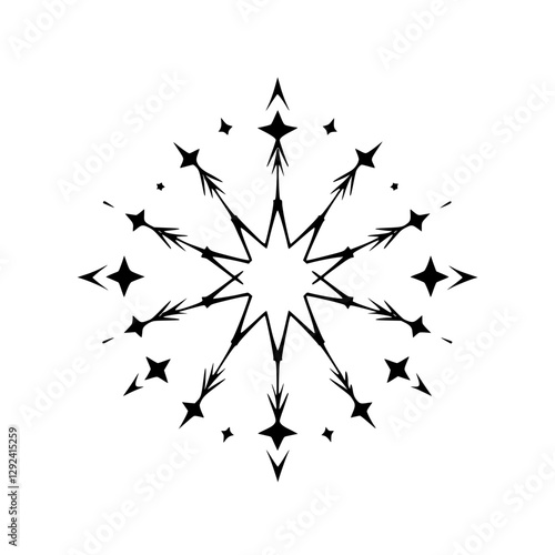 A symmetrical, stylized snowflake design composed of sharp angular elements on a white background.