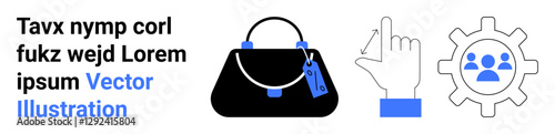 Black handbag with a tag, hand pointing, and gear with team icons. Ideal for fashion, e-commerce, user interface, teamwork, branding technology and business concepts. Flat landing page banner