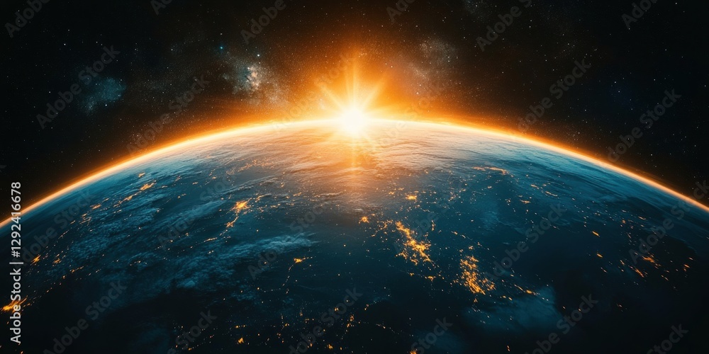 Fototapeta premium Earth Sunrise Digital Art Space View Curvature Planet Cities Asia Lights