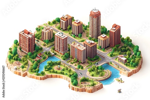 Pixelated city island, isometric view