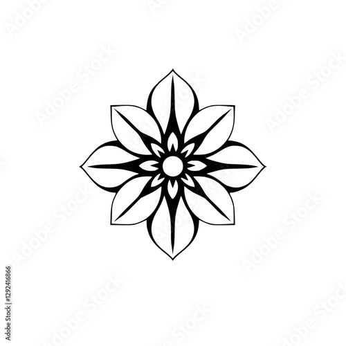 Black and white symmetrical floral pattern, showcasing eight petals, central circle, and minimalist style.